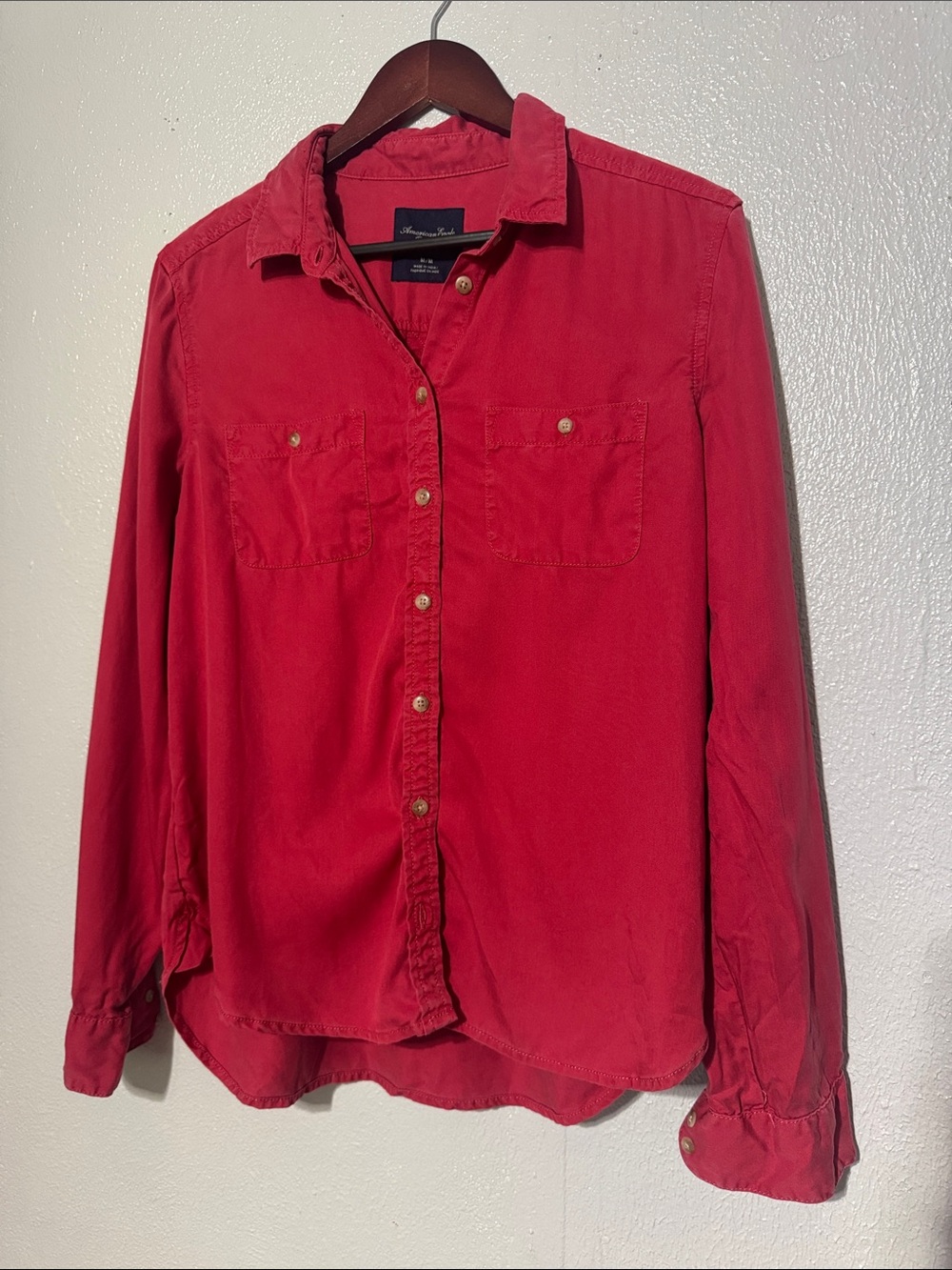 American Eagle Red Lyocell Weekender Boyfriend Utility Button Down Shirt M
